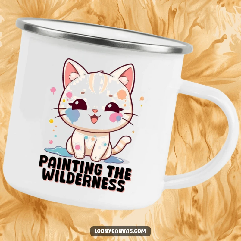 Funny kawaii cat camping mug, a paint-splattered cat gleefully splattering paint, ready for outdoor artistic endeavors.