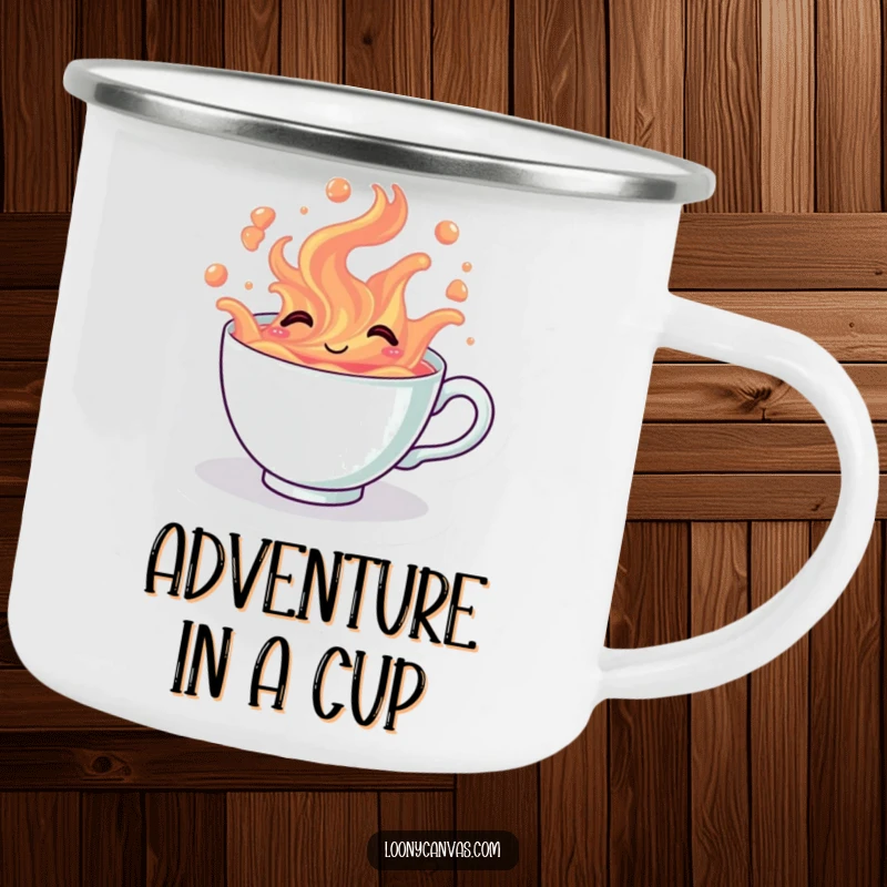 Funny kawaii giggling teacup with vibrant tea overflowing on a sturdy camping mug, a humorous and portable tea gift.