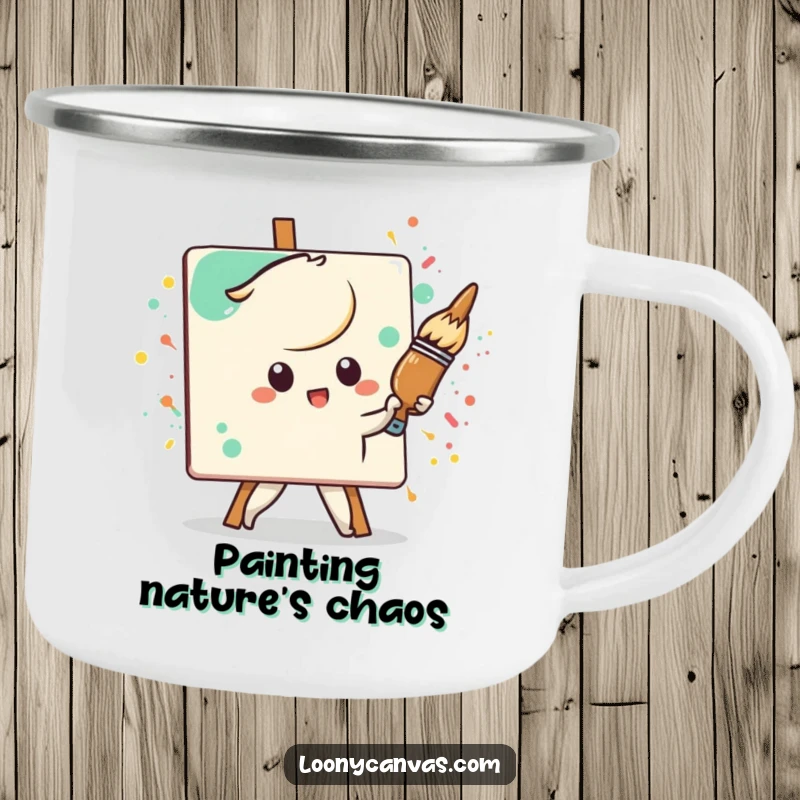 Funny Kawaii paintbrush character, determined to paint a splattered canvas, a durable and humorous camping mug for adventures.