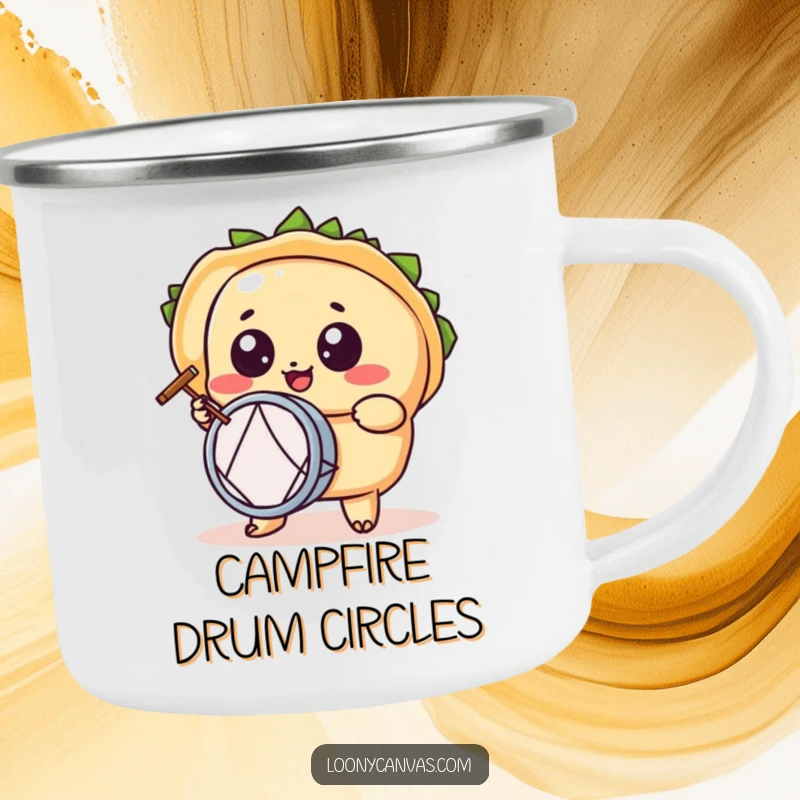 Funny kawaii taco character camping mug, a wide-eyed taco playing a tiny drum, ready for outdoor fiesta.