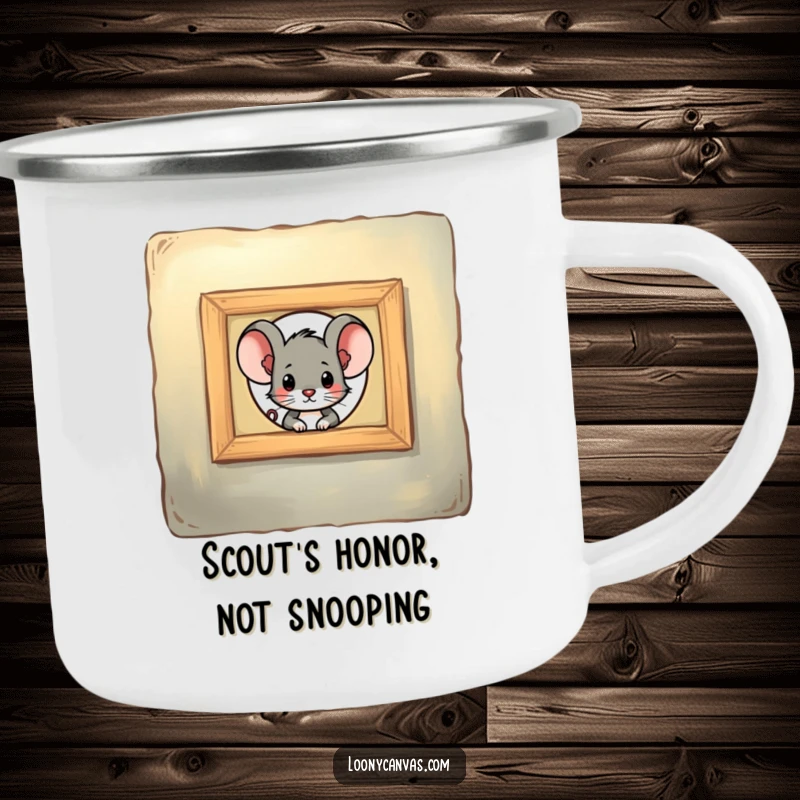 Funny mouse character peeking through a keyhole in a painting, this camping mug is a funny gift for adventurers.