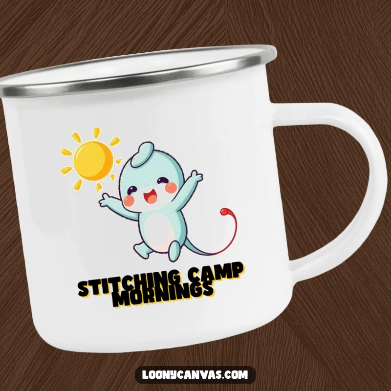 Funny camping mug featuring a leaping needle character stitching a bright sun, perfect for enjoying drinks during outdoor trips with a sewing twist.