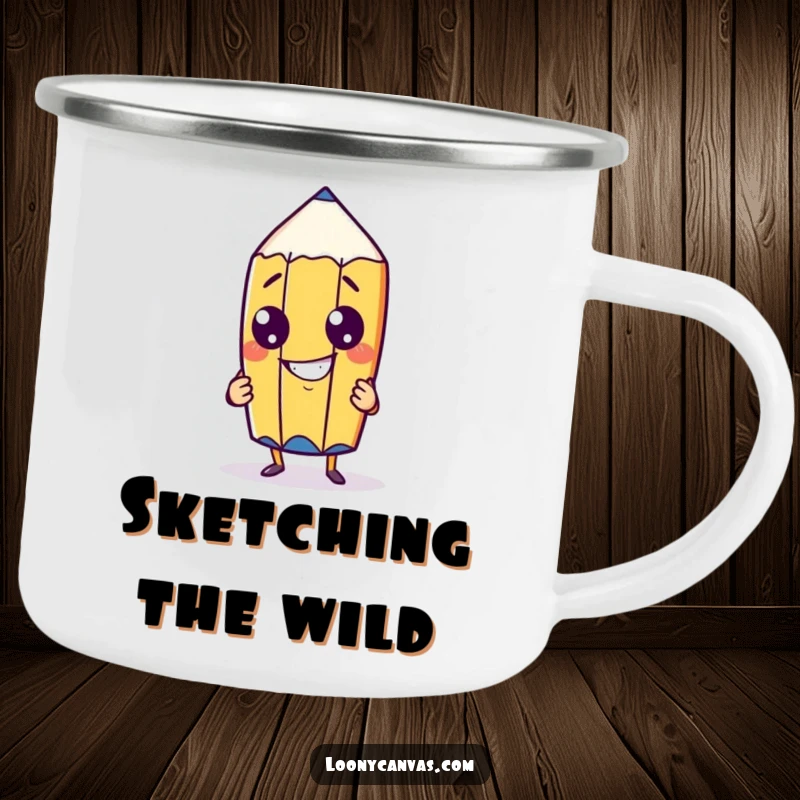 Funny cheeky pencil character with a goofy grin drawing itself on a durable camping mug, perfect for outdoor artistic inspiration.