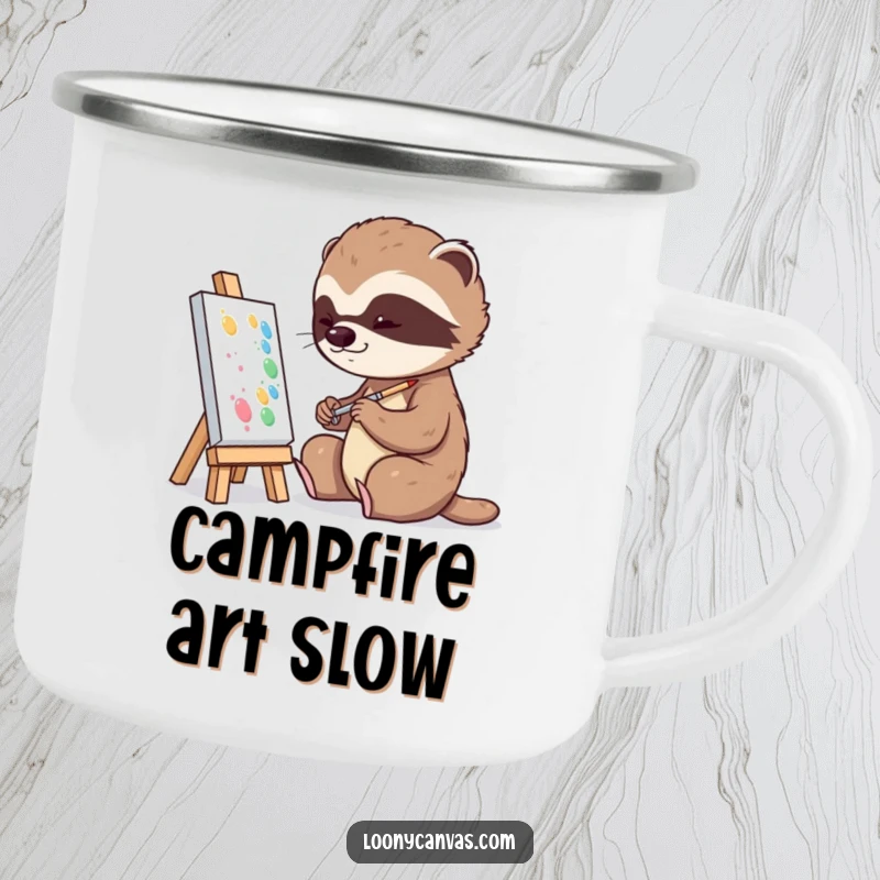 Funny playful sloth character slowly dabbing paint onto a tiny canvas on a camping mug, for slow adventures.