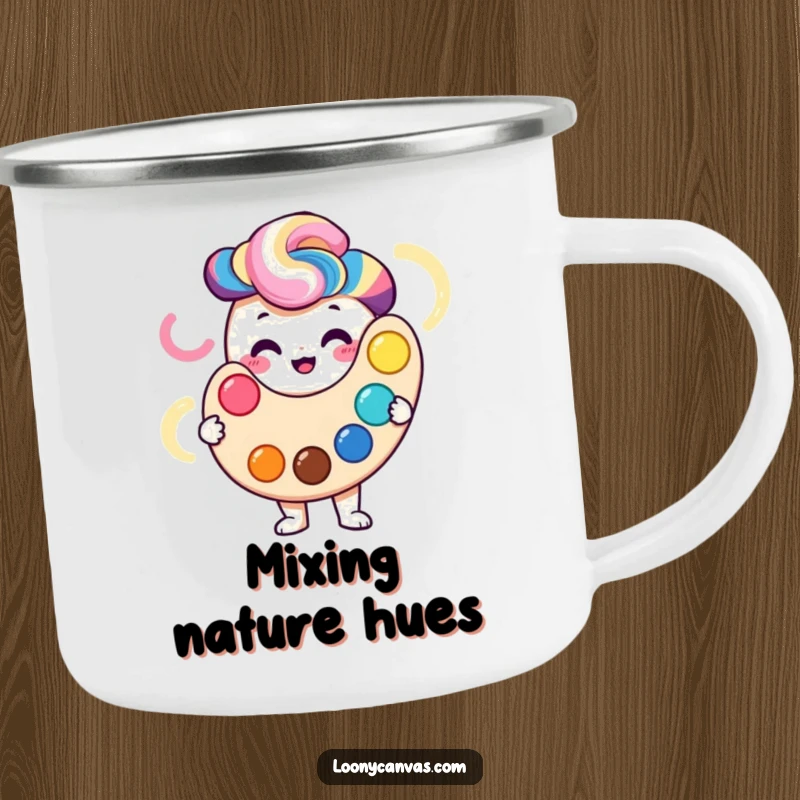 Smiling palette character holding a vibrant swirl of colors, on an enamel camping mug.