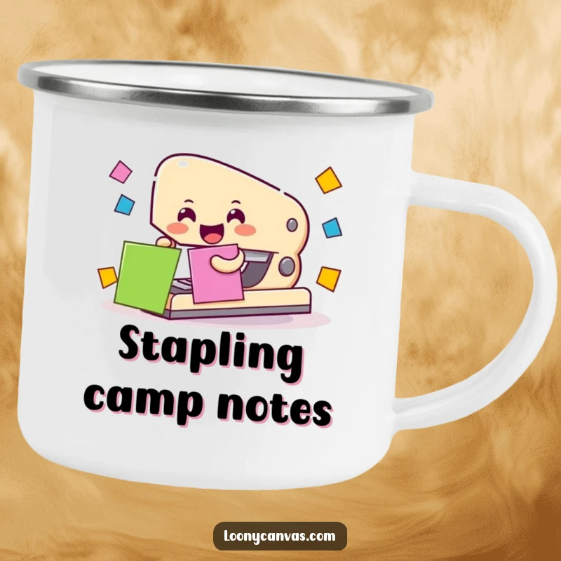 Cheerful stapler character attaching colorful paper squares, on an enamel camping mug.
