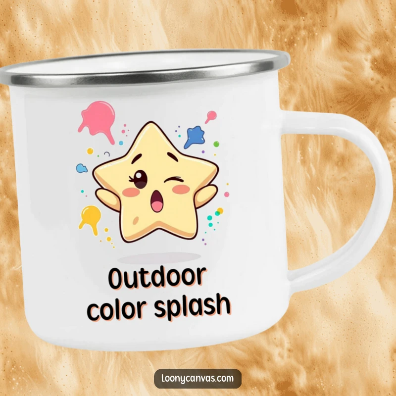 Funny camping mug featuring a surprised star character winking while juggling paint splatters, perfect for humorous outdoor art sessions.