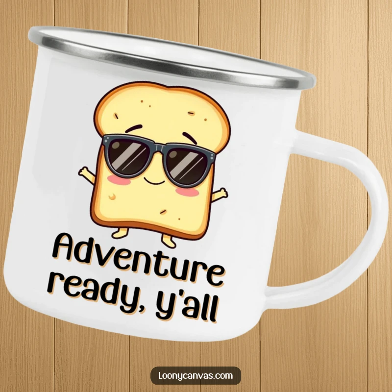 Funny camping mug with a giggling slice of toast character hilariously wearing oversized sunglasses, ready for outdoor fun.