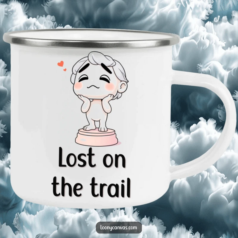 Funny camping mug depicting a confused sculpture wobbling on its base, perfect for outdoor artists and art enthusiasts.