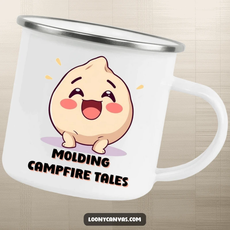 Funny camping mug with an excited clay ball squishing into a funny shape, for artists enjoying outdoor creativity.