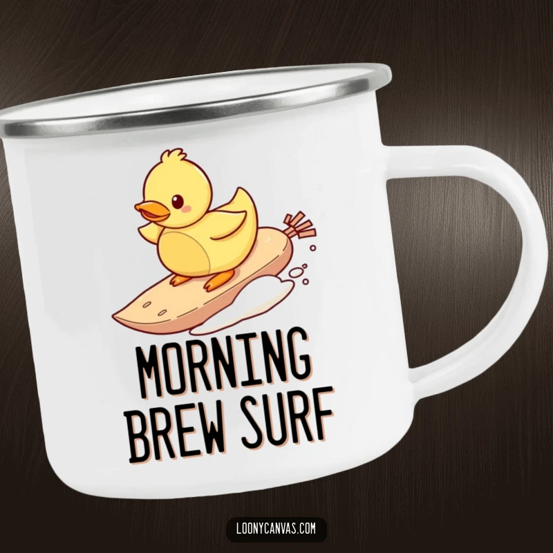 Funny camping mug showing a playful rubber ducky character surfing on a teabag, perfect for humorous outdoor drinks.