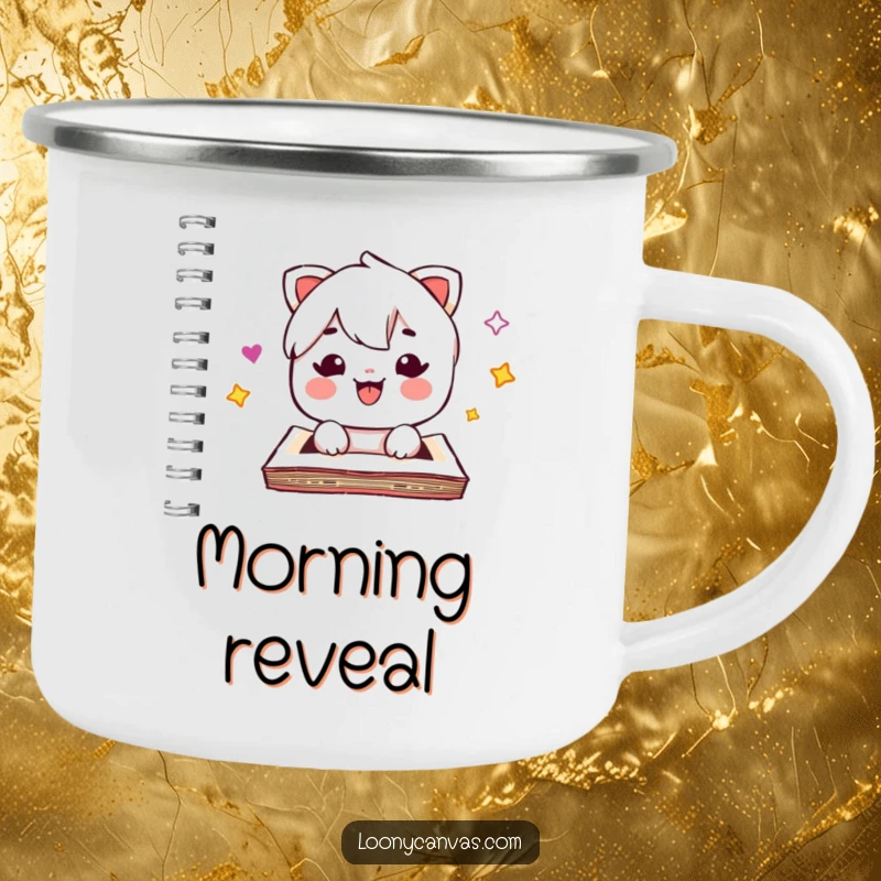 Funny kawaii sketchpad camping mug, popping open with surprise, humorous and durable outdoor gear, a top funny gift.