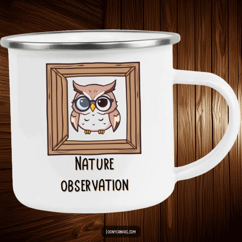 Funny camping mug with a determined owl with a monocle examining a crooked frame, perfect for outdoor critical thinking.