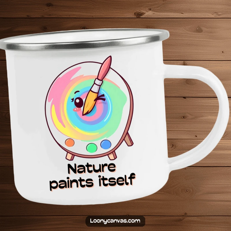 Funny kawaii winking paintbrush creating a colorful swirl on a sturdy camping mug, a humorous and portable art gift.