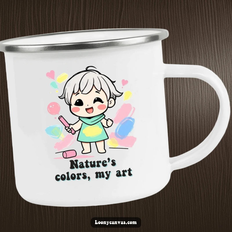 Funny camping mug with a gleeful character creating abstract shapes with colored chalk, celebrating art and nature.