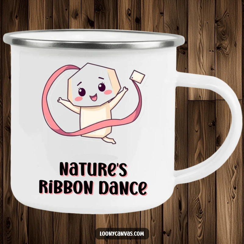 Funny camping mug featuring a giddy geometric character happily twirling a long, flowing ribbon, perfect for humorous outdoor celebrations.