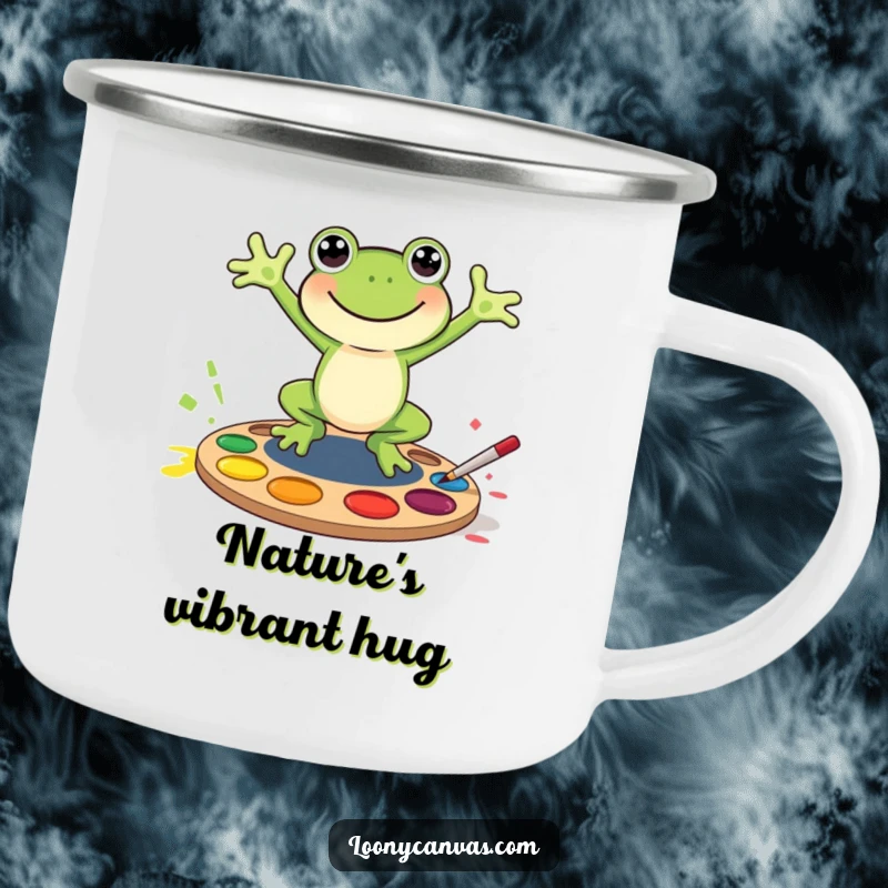 Funny joyful frog character jumping into a paint palette, this funny camping mug is a gift for outdoor artists.