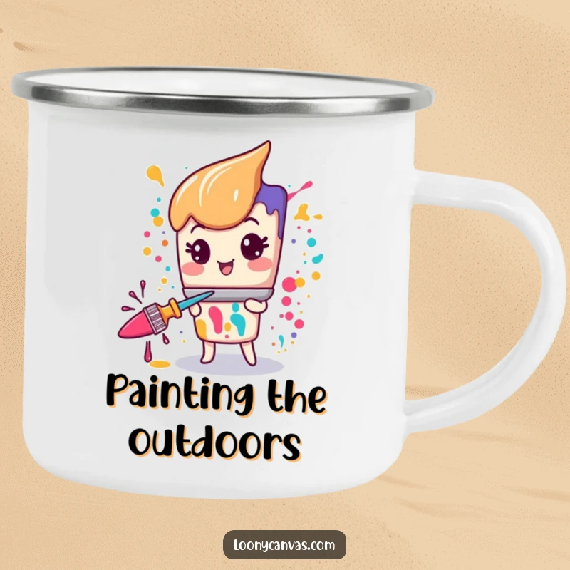 Kawaii paintbrush character splattering paint with manic glee, on an enamel camping mug.