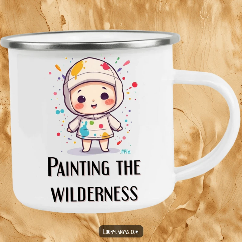 Funny kawaii canvas character splattered with paint on a sturdy camping mug, perfect for creative outdoor enthusiasts.