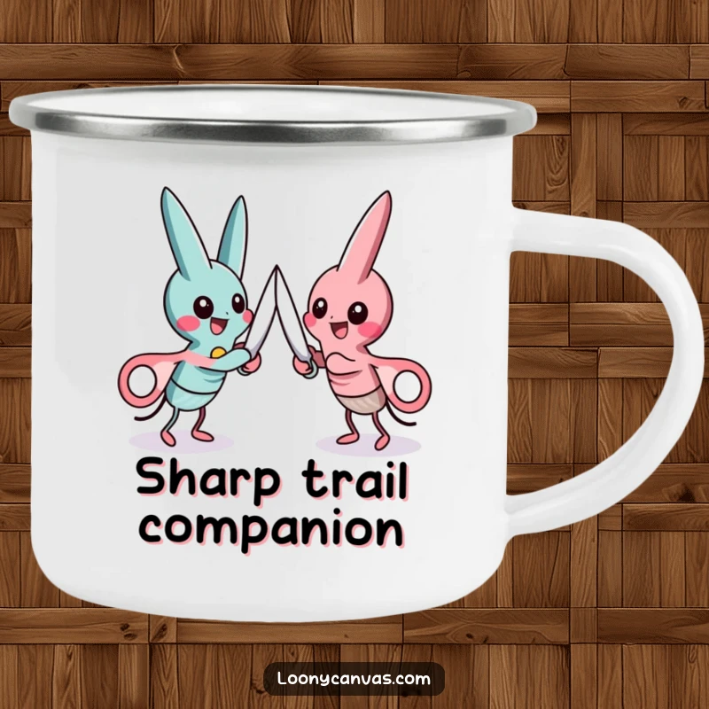 Funny camping mug featuring two playful scissors characters in a friendly cutting duel, ready for outdoor fun.