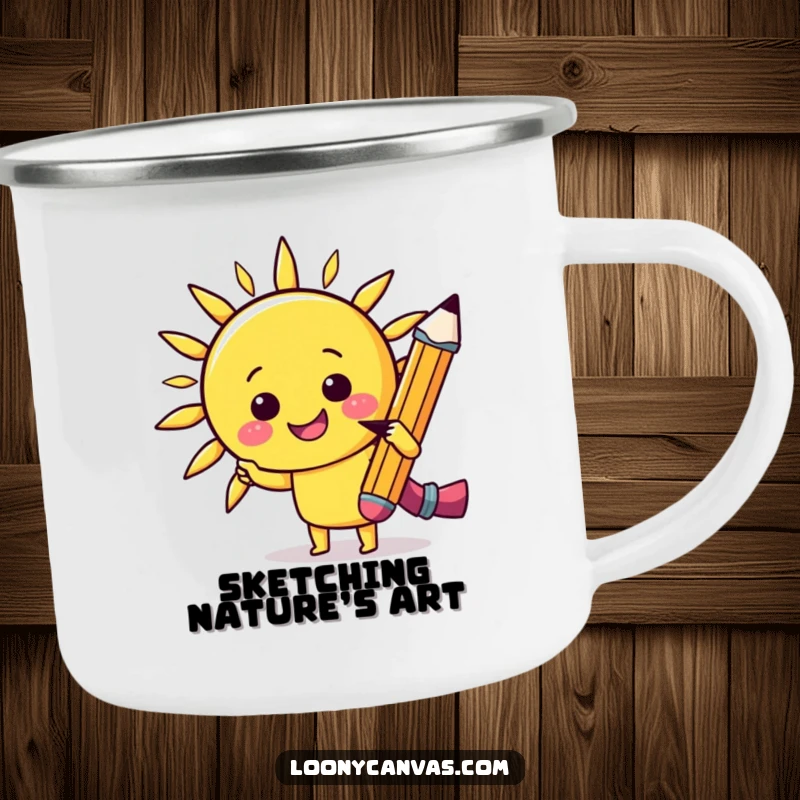 Funny kawaii cheerful pencil sketching a smiling sun on a sturdy camping mug, a humorous and portable art gift.