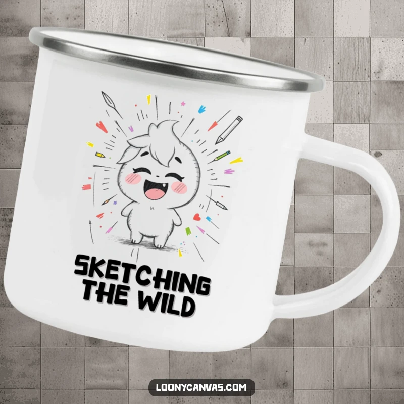 Funny giggling Kawaii pencil character drawing a chaotic scribbled masterpiece, a durable and humorous camping mug for adventures.