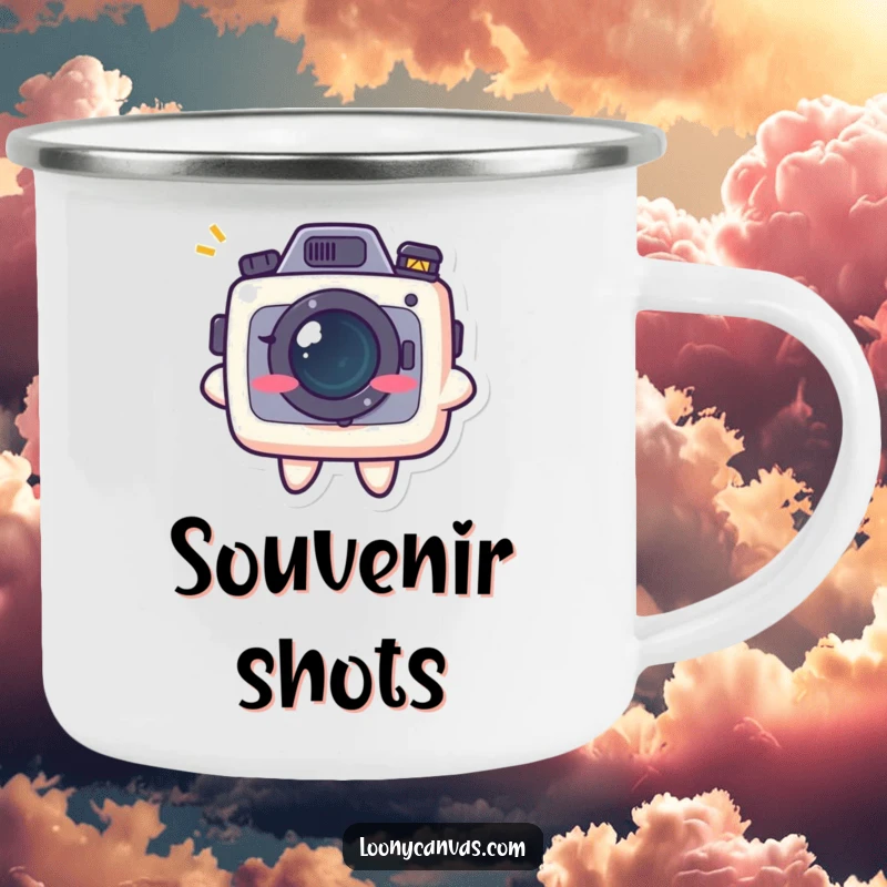 Funny kawaii camera character with a mischievous grin on a sturdy camping mug, perfect for outdoor photography enthusiasts.