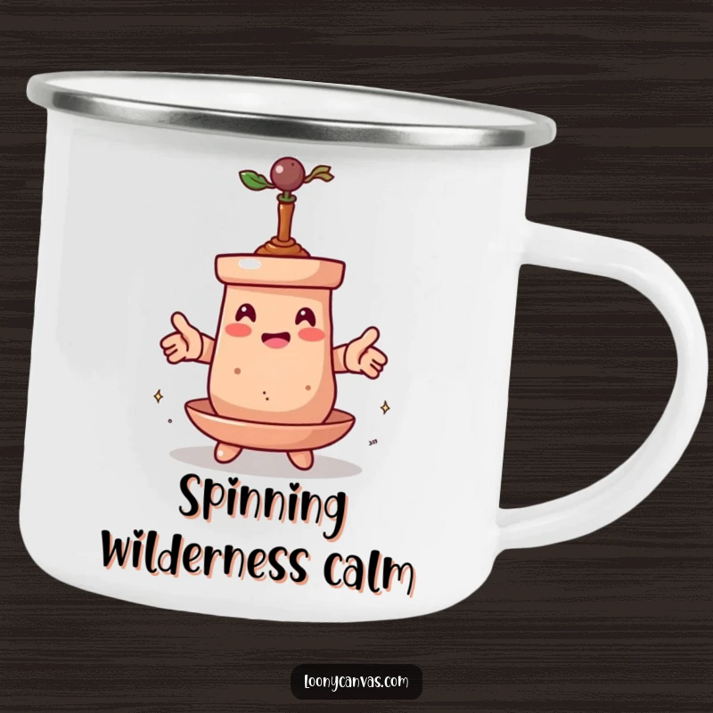 Funny camping mug featuring a spinning clay pot character transforming itself, perfect for enjoying drinks during outdoor trips with a creative twist.