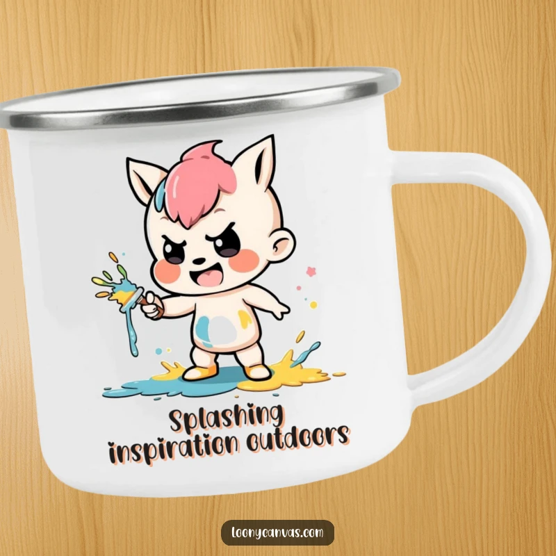 Funny enamel camping mug with a mischievous character playfully splattering vibrant paint, ideal for outdoor creative fun.