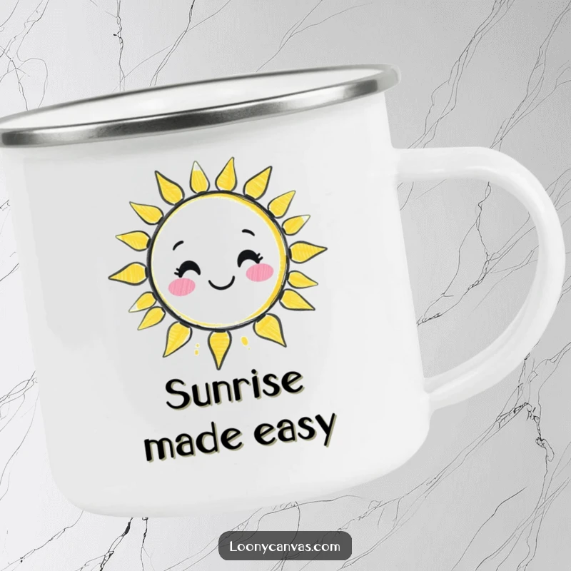 Funny kawaii chalk character drawing a wobbly, smiling sun on a sturdy camping mug, perfect for cheerful adventurers.