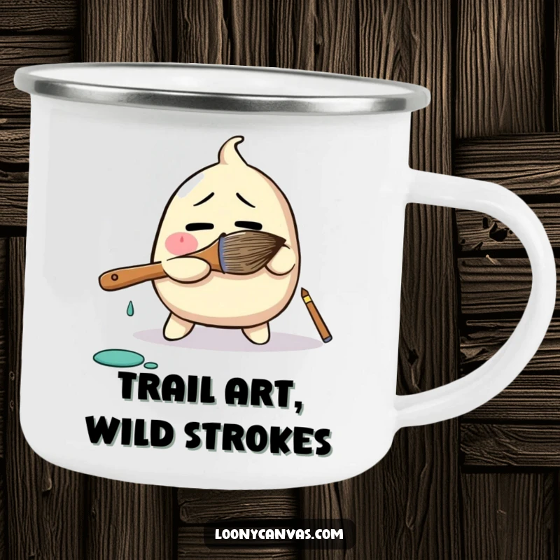 Funny camping mug featuring a bewildered blob character comically wrestling a giant paintbrush, perfect for humorous outdoor art sessions.