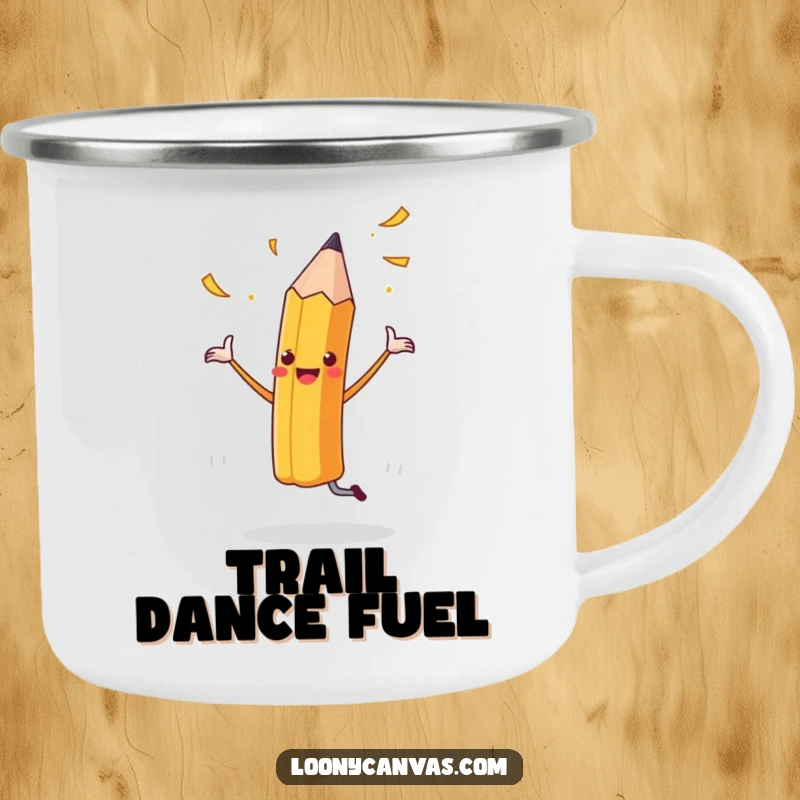 Funny camping mug with a cheerful dancing pencil and flying shavings, for artists enjoying nature's inspiration.