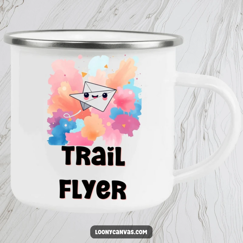 Funny camping mug featuring a happy paper airplane character soaring through a vibrant, abstract background, ready for adventure.