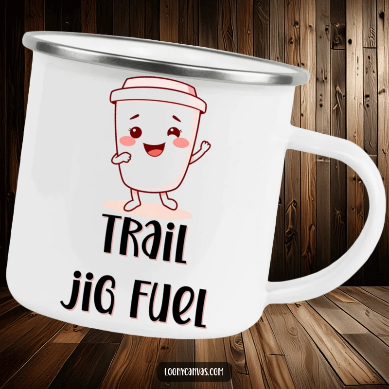 Funny kawaii coffee cup character dancing a jig, perfect for outdoor use. A durable and funny camping mug.