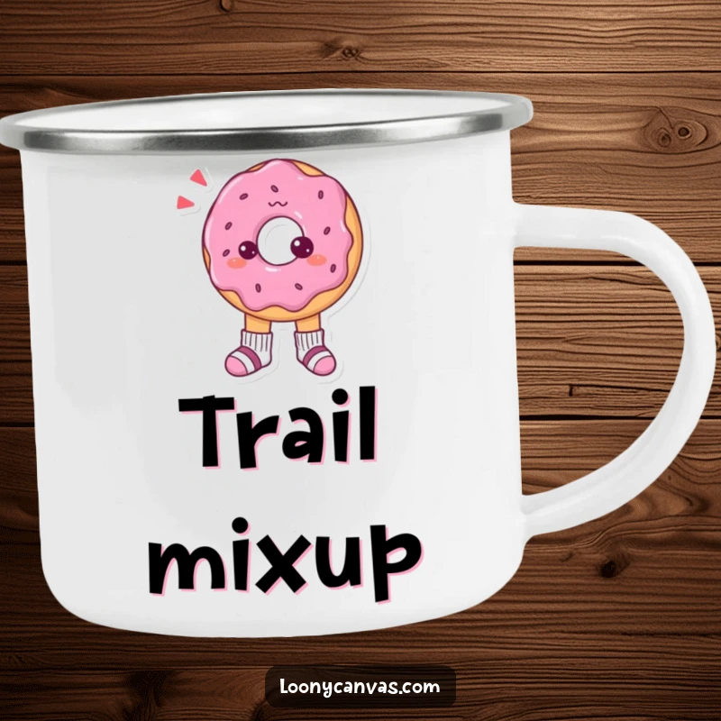 Funny camping mug with a confused donut character looking at its tiny, mismatched socks, ready for a quirky adventure.