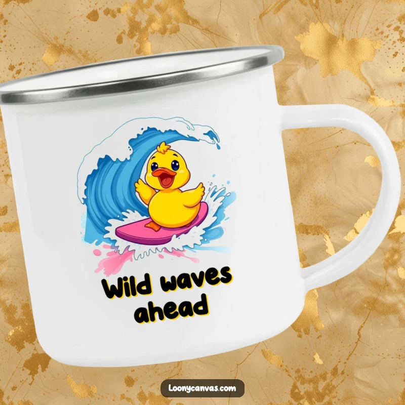 Funny kawaii excited rubber ducky surfing a vibrant paint wave on a sturdy camping mug, a humorous and portable art gift.
