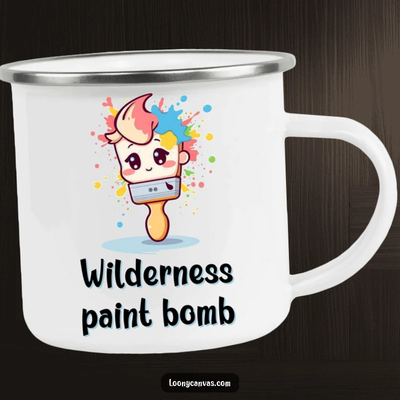 Funny camping mug with a shy paintbrush dramatically splattering paint, perfect for outdoor art enthusiasts.