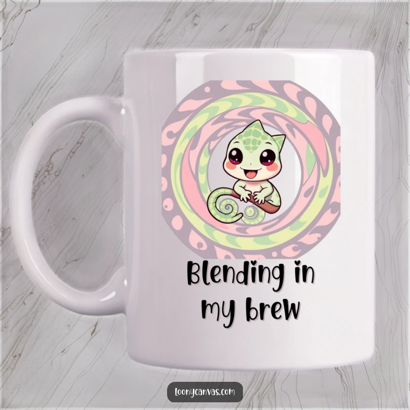 Funny mug showing a cheerful chameleon character expertly blending into a colorful, mesmerizing swirling pattern with a happy expression.