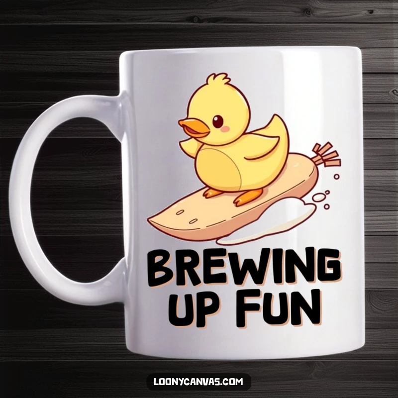 Funny mug depicting a playful rubber ducky character bravely surfing on a teabag, embodying fun and whimsical water antics.