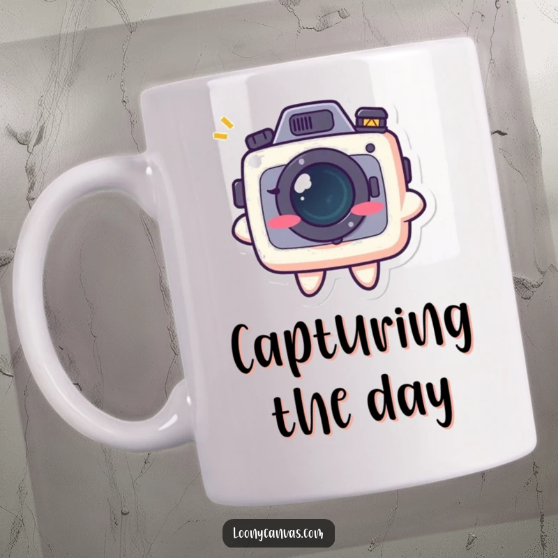 Funny kawaii camera character with a mischievous grin, printed on a mug, conveying a playful and humorous photography theme.
