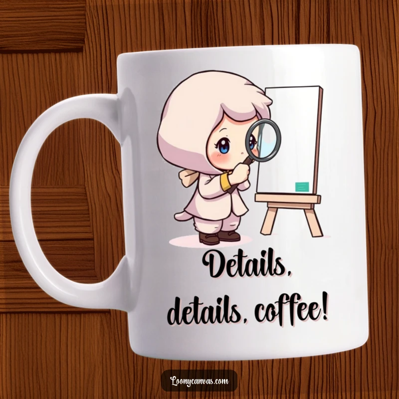 Funny mug showing a curious character intently examining a canvas with a magnifying glass, highlighting the nuances of art.