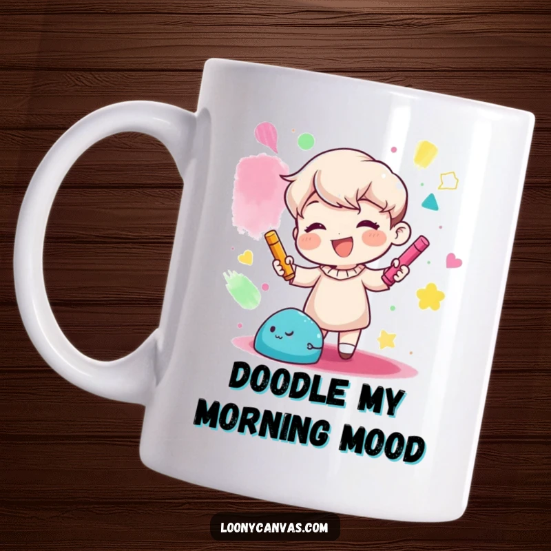 Funny mug showing a gleeful character joyfully creating abstract shapes with vibrant colored chalk, celebrating artistic freedom.