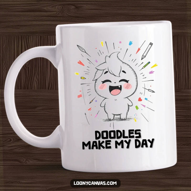 Funny giggling Kawaii pencil character drawing a chaotic, scribbled masterpiece, a humorous art-themed gift.