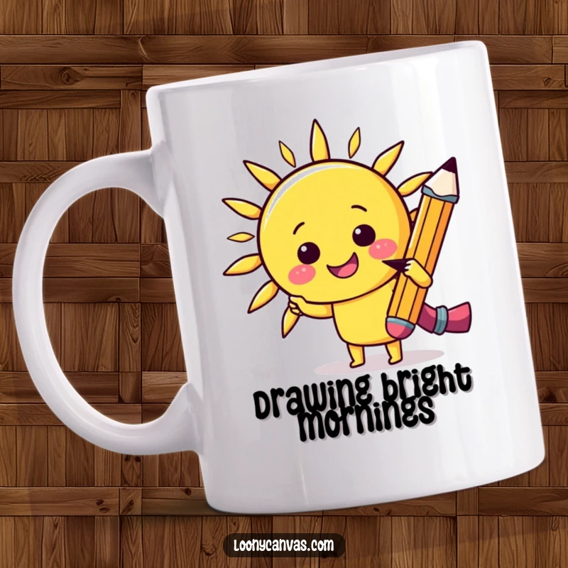 Funny kawaii cheerful pencil sketching a smiling sun on a mug, perfect for artists and as a humorous, sunny gift.