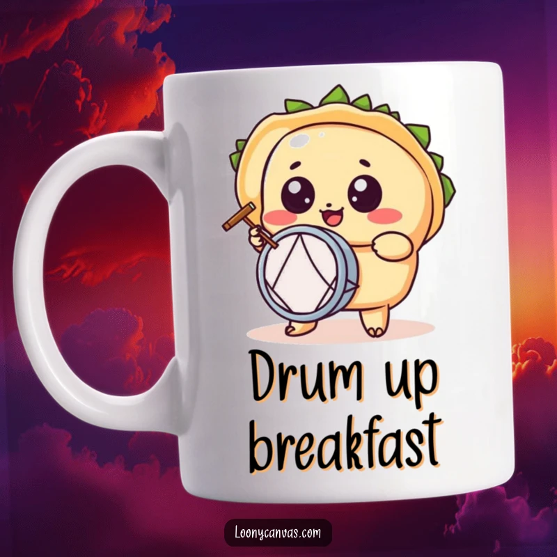 Funny kawaii taco character mug, a wide-eyed taco enthusiastically playing a tiny drum, celebrating festive rhythms.