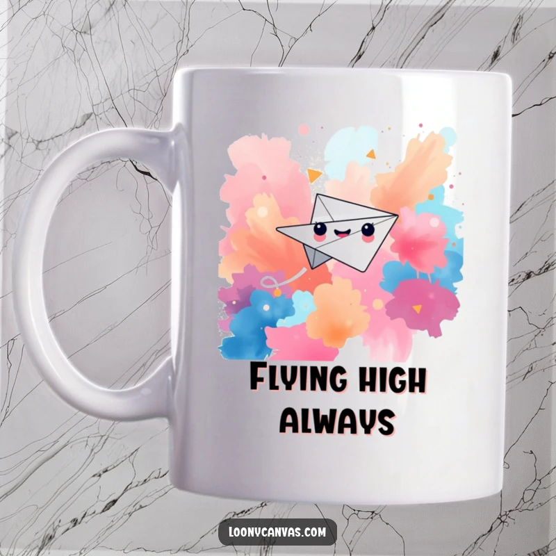 Funny paper airplane mug featuring a happy character soaring through a vibrant, abstract background with energy.