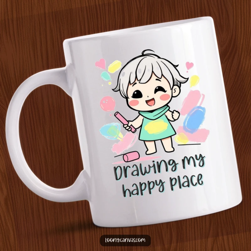 Funny mug with a gleeful character joyfully creating abstract shapes with colorful chalk, celebrating artistic expression.