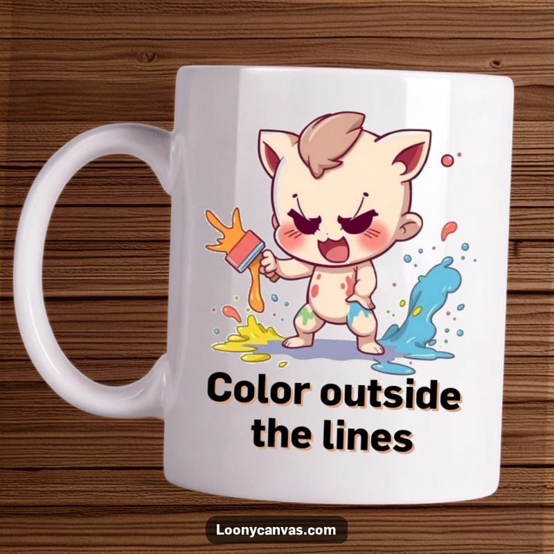 Funny mug with a mischievous character playfully splattering colorful paint, celebrating artistic freedom and fun.