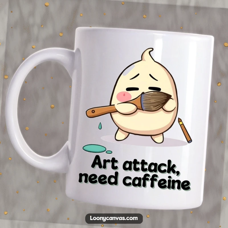 Funny mug showing a bewildered blob character comically wrestling with a giant paintbrush, embodying the artistic struggle with humor.