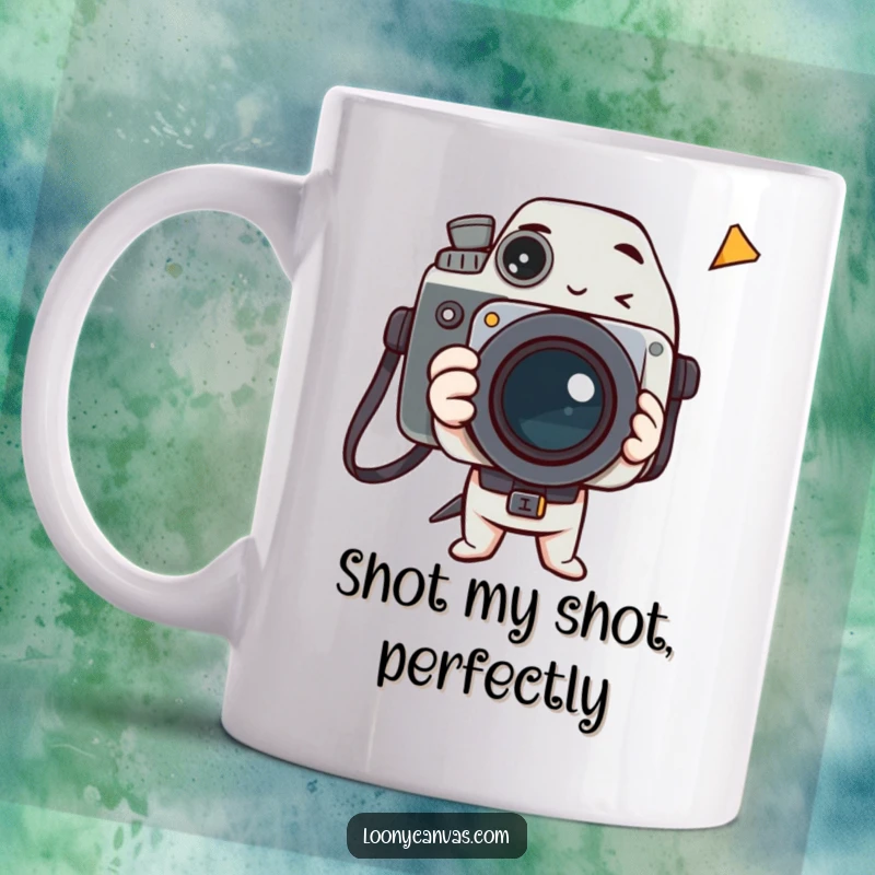 Funny mug showcasing a delighted cartoon camera character snapping a photo of a strange, unexpected event.